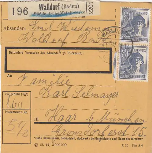 Carte de paquet 1947: Walldorf par Haar, Auto-booker