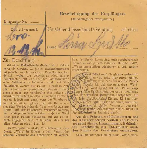 Paketkarte 1947: Walldorf nach Haar, Selbstbucher