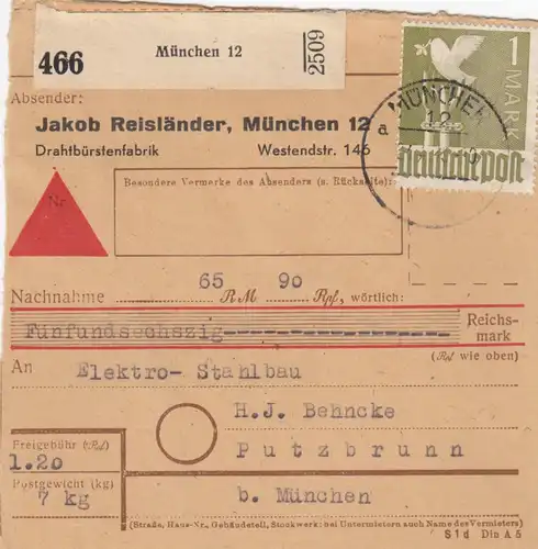 Paketkarte 1948: München 12 nach Putzbrunn, Selbstbucher, Nachnahme