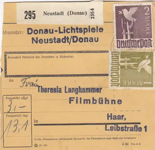 Paketkarte 1947: Neustadt, Lichtspiele, nach Filmbühne Haar