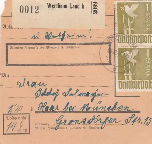 Paketkarte 1947: Wertheim nach Haar