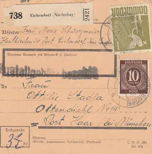 Carte de paquet 1947: Hartkirchen Eichendorf vers Ottendihl