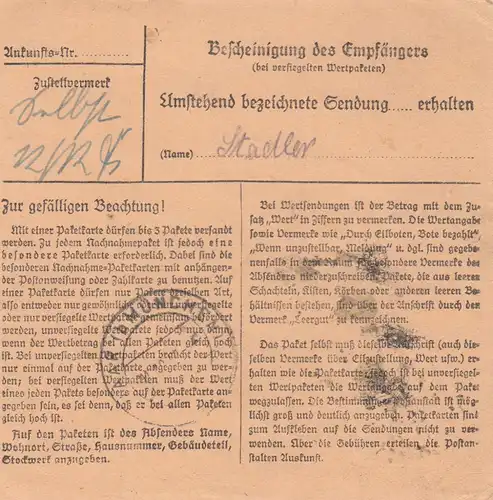 Carte de paquet 1947: Hartkirchen Eichendorf vers Ottendihl