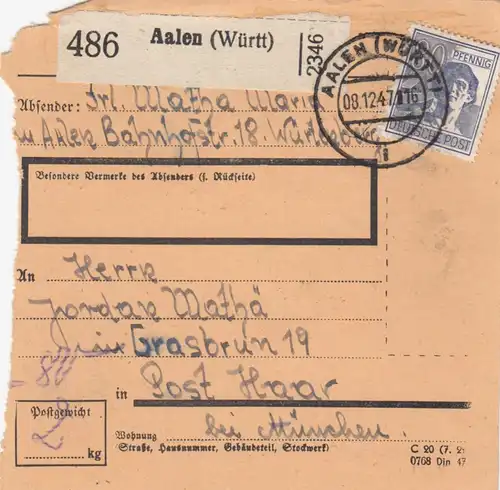 Paketkarte 1947: Aalen nach Grasbrunn