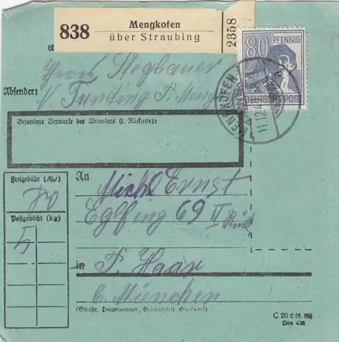 Paketkarte 1947: Tunding Mengkofen nach Haar, besonderes Formular