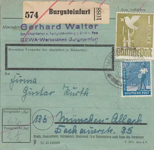 Carte de paquet 1948: Burgsteinfurt-Werkstattungs n. Allach, bes. Formul