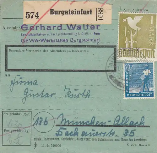 Paketkarte 1948: Burgsteinfurt GEWA-Werkstätten n. Allach, bes. Formular