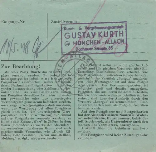 Carte de paquet 1948: Burgsteinfurt-Werkstattungs n. Allach, bes. Formul
