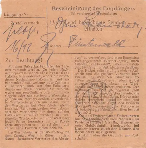 Paketkarte 1947: Pfarrkirchen nach Haar