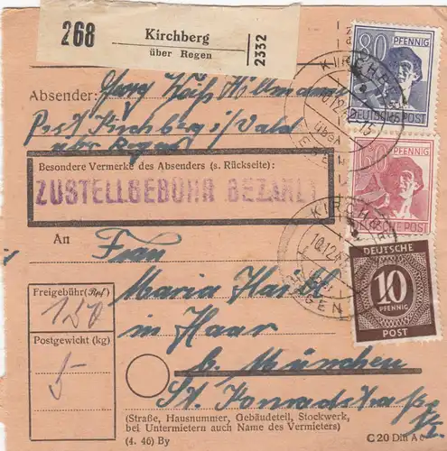 Paketkarte 1947: Kirchberg über Regen nach München
