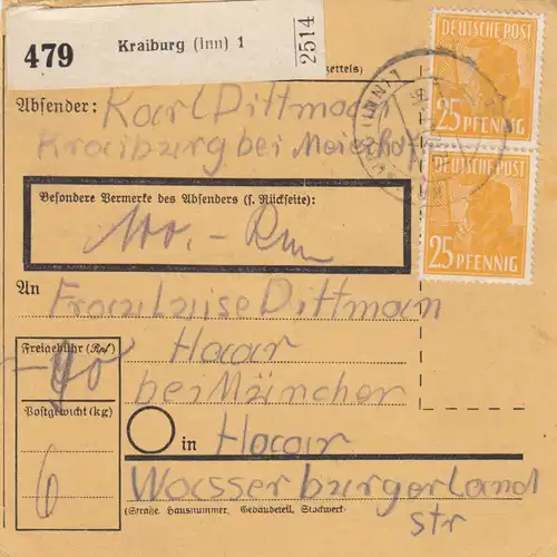Paketkarte 1947: Kraiburg bei Mayrhofen nach Haar, Wertkarte
