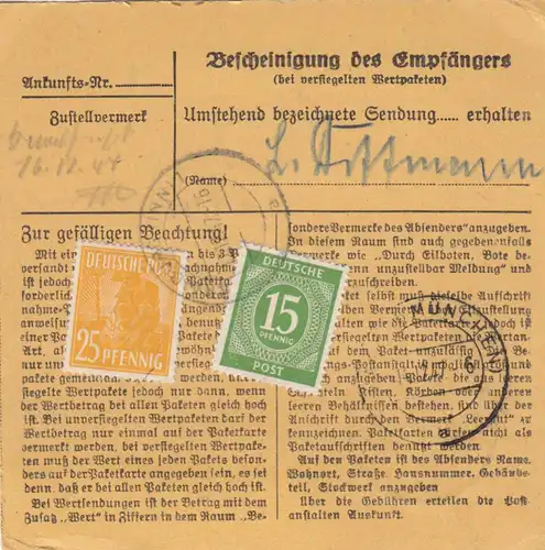 Paketkarte 1947: Kraiburg bei Mayrhofen nach Haar, Wertkarte