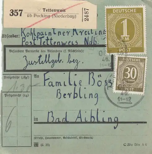 Paketkarte 1946: Tettenweis nach Bad Aibling, besonderes Formular