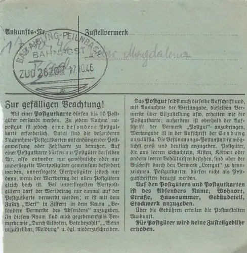 Paketkarte 1946: Tettenweis nach Bad Aibling, besonderes Formular
