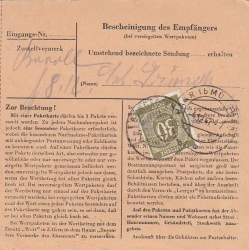 Carte de paquet 1947: Katterbach Gangkofen par cheveux, frais supplémentaires
