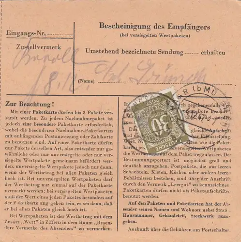 Paketkarte 1947: Katterbach Gangkofen nach Haar, Nachgebühr