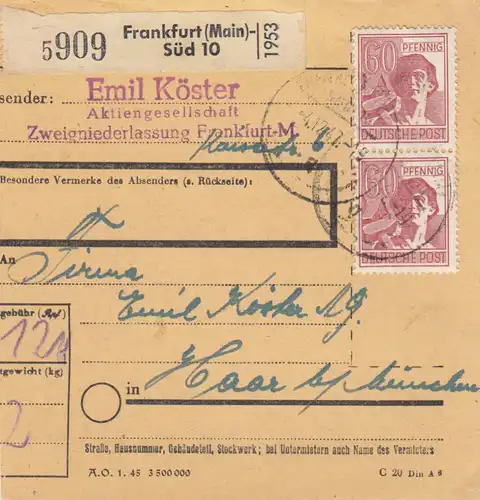 Paketkarte 1947: Frankfurt-Süd, Köster AG nach Haar