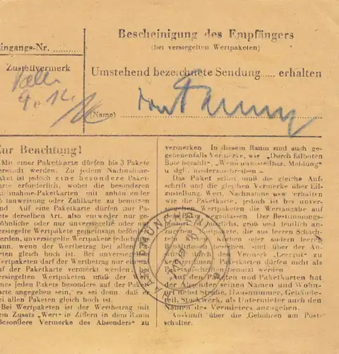 Carte de paquet 1947: Francfort-Süd, Köster AG après Haar