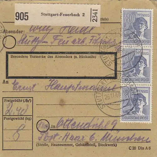 Paketkarte 1947: Stuttgart-Feuerbach nach Ottendichl