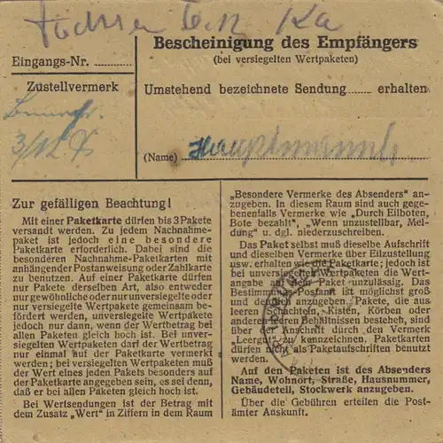 Carte de paquet 1947: Stuttgart-Fützbach vers Ottendichl