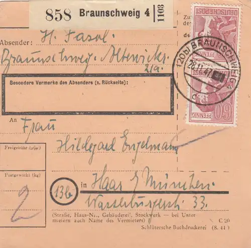 Carte de paquet 1947: Braunschweig par cheveux