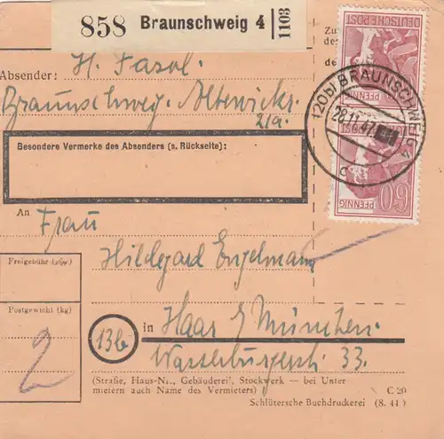 Paketkarte 1947: Braunschweig nach Haar