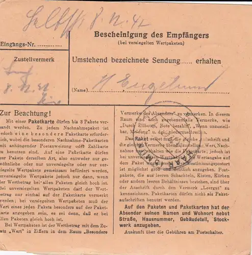Carte de paquet 1947: Braunschweig par cheveux