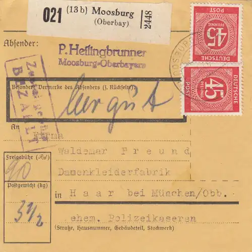 Paketkarte 1948: Moosburg nach Damenkleider in Haar, Leergut