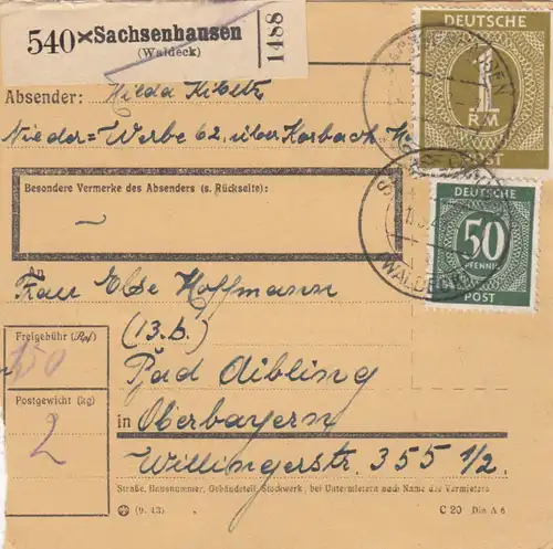 Carte de paquet 1947: Nieder Anglung au sujet de Karbach vers Bad Aibling