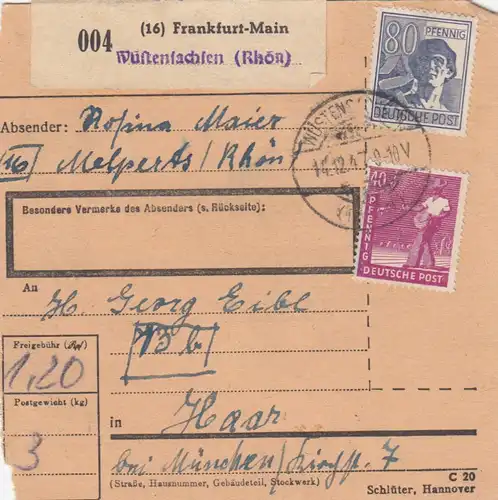 Paketkarte 1947: Melperts Wüstensachsen nach Haar