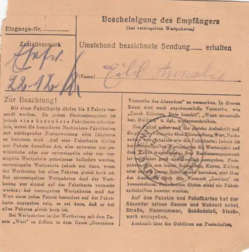 Paketkarte 1947: Melperts Wüstensachsen nach Haar