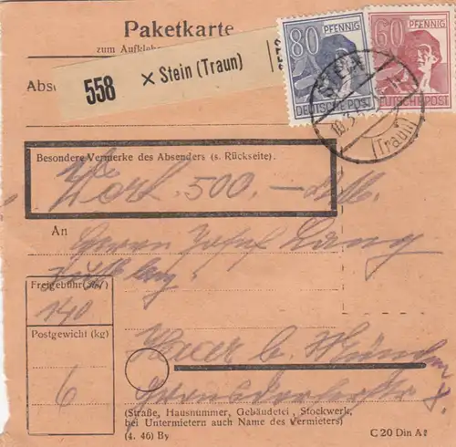 Paketkarte 1948: Stein Traun nach Haar, Wertkarte