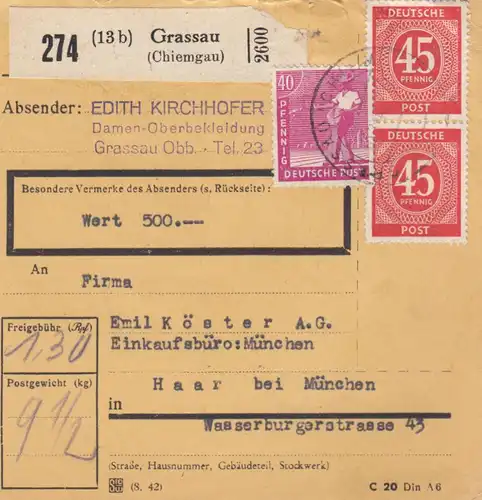 Paketkarte 1948: Grassau, Damenoberbekleidung n. Haar, Wertkarte