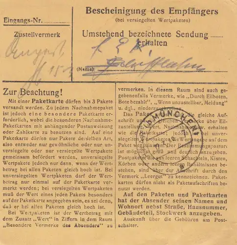 Paketkarte 1948: Grassau, Damenoberbekleidung n. Haar, Wertkarte