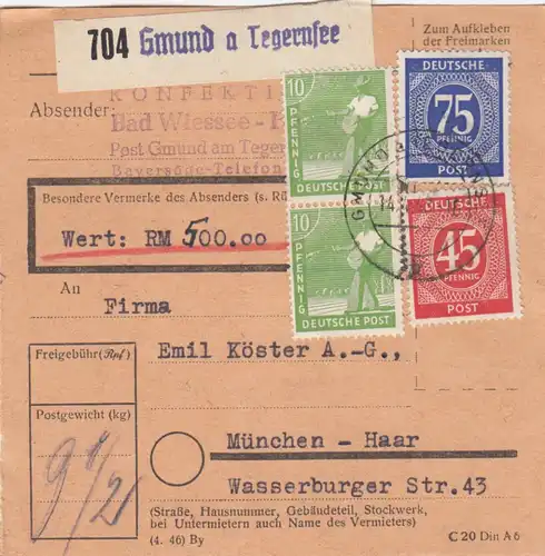 Paketkarte 1948: Gmund nach München, Wert 500 RM
