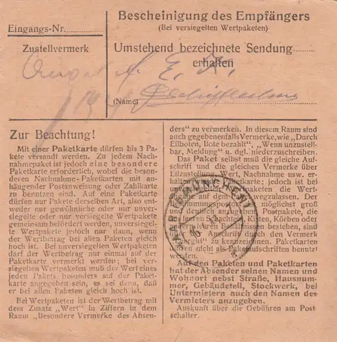 Paketkarte 1948: Gmund nach München, Wert 500 RM