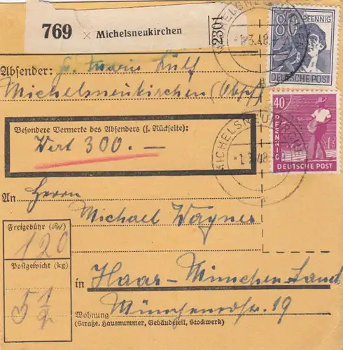 Carte de paquet 1948: Michelsneukirchen par Haar, carte de valeur