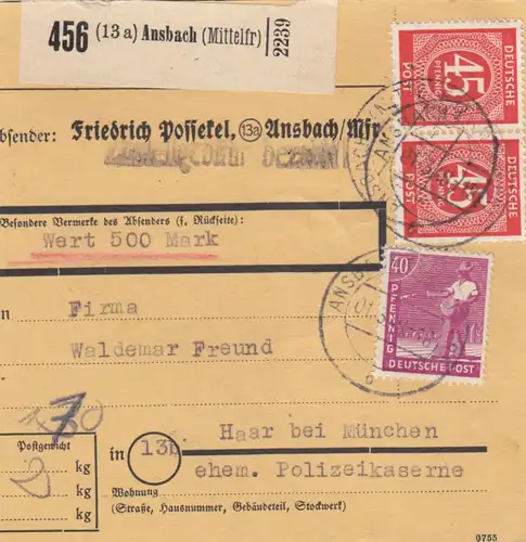 Paketkarte 1948: Ansbach nach Haar, Selbstbucher, Wertkarte