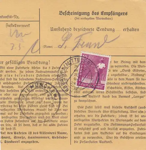 Carte de paquet 1948: Ansbach par Haar, Auto-bookeur, carte de valeur