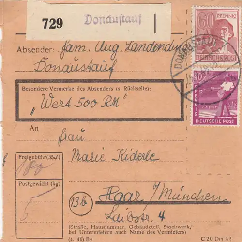 Carte de paquet 1948: Pont du Danube par cheveux, carte 500 RM