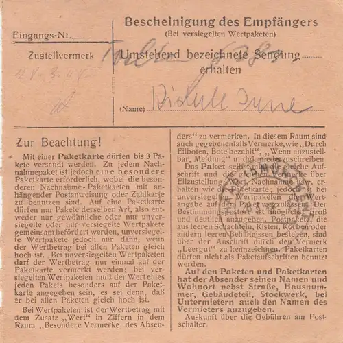 Paketkarte 1948: Donaustauf nach Haar, Wertkarte 500 RM