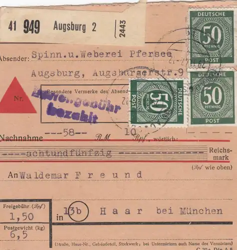 Paketkarte 1947: Weberei Augsburg nach Haar, Nachnahme