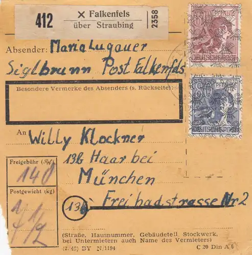BiZone Paketkarte 1948: Siglbrunn Falkenfels nach Haar