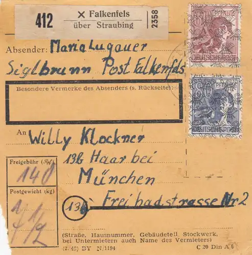 Carte de paquet BiZone 1948: Siglbrunn Falkenfels selon les cheveux