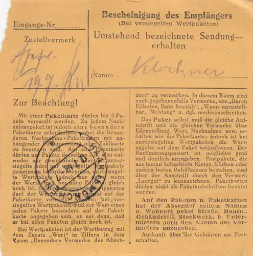 BiZone Paketkarte 1948: Siglbrunn Falkenfels nach Haar