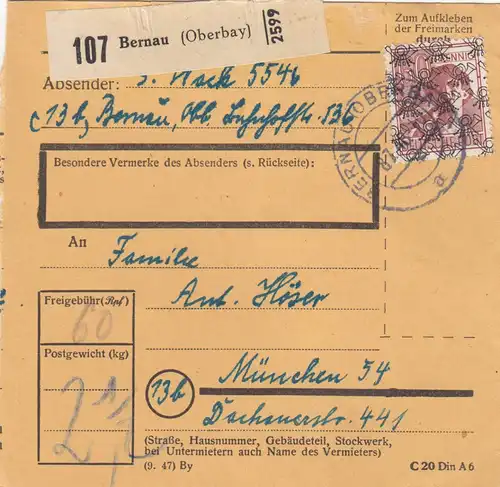 BiZone Paketkarte 1948: Bernau nach München
