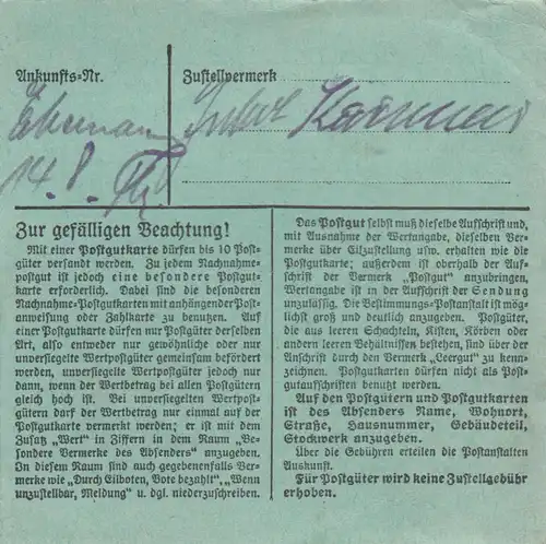 BiZone Paketkarte 1948: Vilsbiburg nach Ottobrunn, besonderes Formular