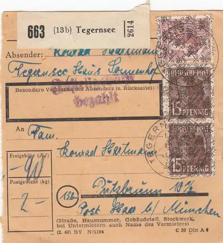BiZone Paketkarte 1948: Tegernsee Haus Sonnenhof nach Putzbrunn