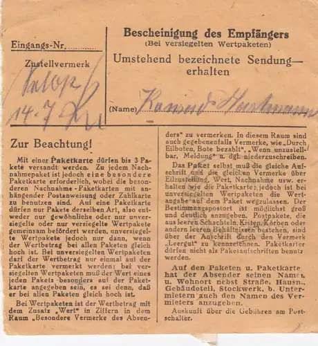 BiZone Paketkarte 1948: Tegernsee Haus Sonnenhof nach Putzbrunn