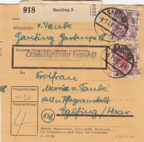 BiZone Paketkarte 1948: Gauting 2 nach Eglfing, Heilanstalt